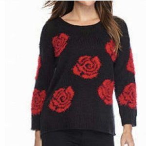Cable & Gauge Black Sweater with Red Roses Medium